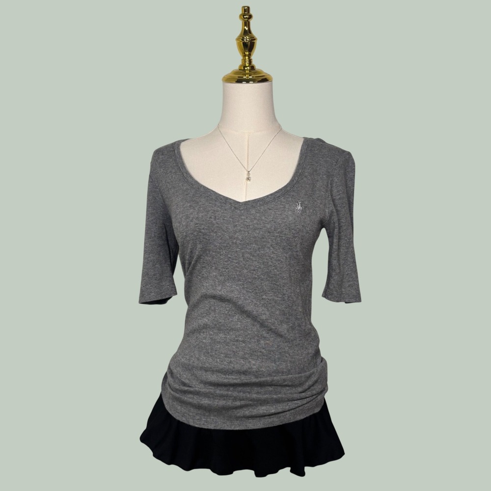 ralph lauren gray mid sleeve vneck blouse quiet luxury minimalist dainty Y2K